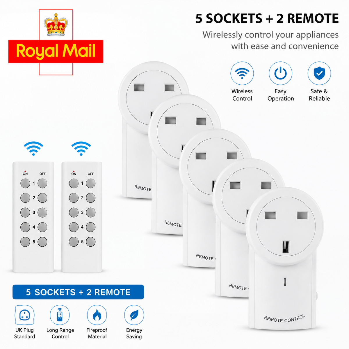 5-Socket Remote Control Extension with 2 Remotes