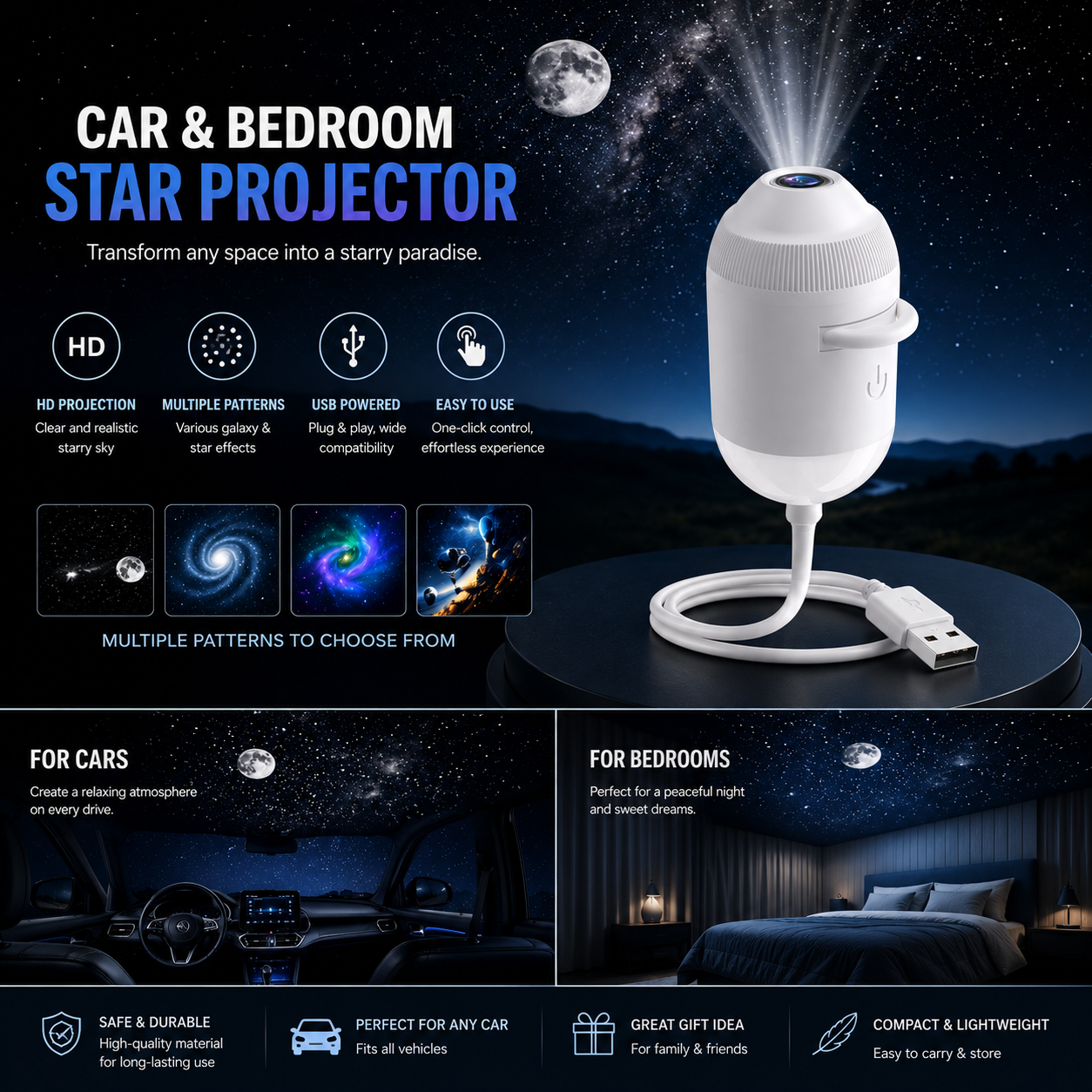 LED Galaxy Star Projector – Starry Night Light for Car Interior & Bedroom